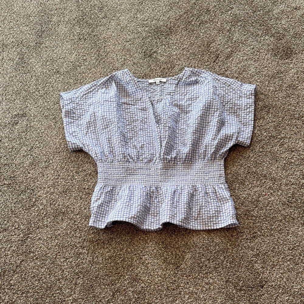 Madewell Light Blue Gingham Smocked Peplum Top